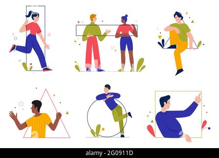 Personen mit geometrischen Linienformen Vektor-Illustrationsset. Cartoon junge Mann Frau Charaktere sammeln und tragen Figuren zusammen, halten und sitzen auf abstrakter Geometrie großen Formen isoliert auf weiß Stock Vektor