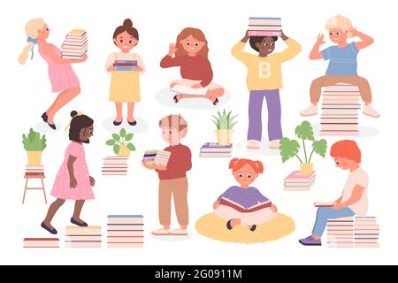 Kinder lesen Bücher, Kinder studieren, Grundschulbildung Vektor Illustration. Cartoon glücklich Schüler Charakter hält Lehrbuch, Leser Mädchen Junge sitzt auf Stapel von Geschichten Bücher, Kind Bücherwurm isoliert auf weiß Stock Vektor