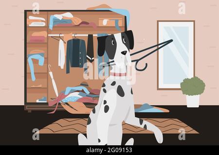 Schuldig frechen Hund mit schlechten Gewohnheiten Verhalten Vektor Illustration. Cartoon spielerisch dalmatinischen Hund hält Kleidung Kleiderbügel in den Zähnen, spielen in der Garderobe, Heimzimmer innen im Chaos Chaos Chaos von Heimtierspiel Stock Vektor