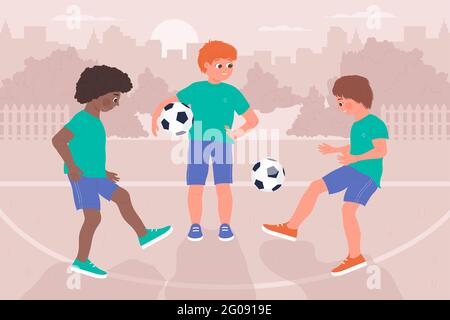 Kinder spielen Ball, Fußball gesund Sport Aktivität Vektor Illustration. Cartoon glückliche Spieler Charaktere haben Spaß, lustige Jungen Kinder Fußball spielen zusammen auf dem Sportplatz im Schulhof Hintergrund Stock Vektor