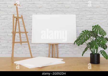 Große leere Leinwand auf Holzhocker und weiße Ziegelwand mit Staffelei und vergossenen Monstera daneben und Leinwände auf dem Parkettboden. 3d-Rendering Stockfoto