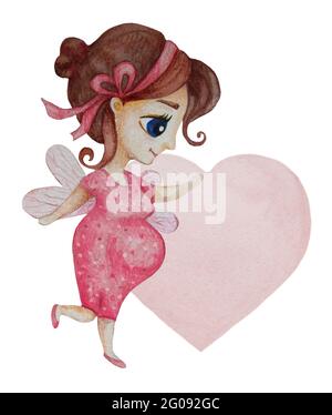 Zukünftige Mutterschaft. Glückliche, schwanger Fee Frau in einem rosa Kleid vor dem Hintergrund eines großen Herzens. Aquarell. Handzeichnung auf weißem Hintergrund. C Stockfoto