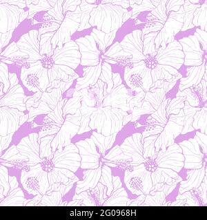 Monochromes, nahtloses Muster mit Linien-Art-blauen und gelben Hibiskusblüten, Knospen und Blättern, mit violettem Umriss. Auf violettem Hintergrund Stock Vektor