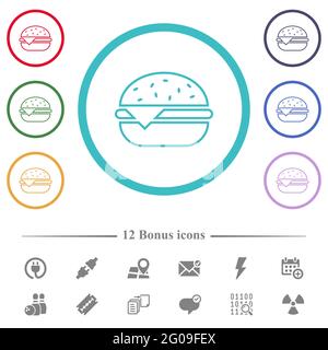 Einfache Cheeseburger-Symbole in flachen Farben in kreisförmigen Umrissen. 12 Bonus-Symbole enthalten. Stock Vektor