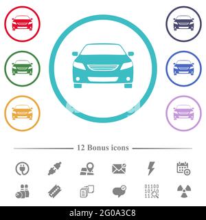 Sportwagen Vorderansicht flache Farbe Symbole in kreisförmigen Konturen. 12 Bonus-Symbole enthalten. Stock Vektor