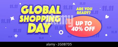 11.11 Global Shopping Sale horizontales Banner oder Promotion auf violettem Hintergrund. Vektorgrafik zum Online-Shopping. Stock Vektor