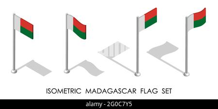 Isometrische Flagge madagaskars in statischer Position und in Bewegung auf Fahnenmast. 3d-Vektor Stock Vektor