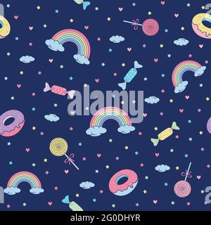 Niedliches Vektor-Nahtloses Muster mit Regenbögen und Süßigkeiten auf dunklem Hintergrund. Ein Begleiter zu Einhörnern Stock Vektor
