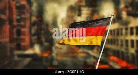 Flagge Deutschlands auf dem Hintergrund der apokalyptischen Stadt. Künstlerische Arbeit Stockfoto