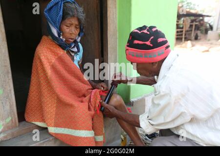 LANJIA SAORA STAMM. Indischer indigener Stammesmediziner, der sein traditionelles Wissen zur Behandlung des Patienten verwendet. Gunpur Village, Odisha, Indien Stockfoto