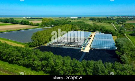 Luftaufnahme von Newdowns Nursery und dem dahinter liegenden Stausee, Sandwich, Kent Stockfoto