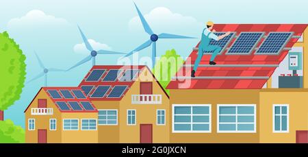 Vektor eines Arbeiters auf dem Hausdach, der Solarzellen installiert. Konzept für grüne Energie Stock Vektor