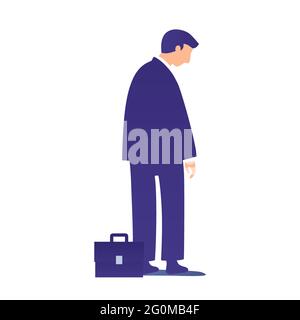 Verärgerte kleine Angestellte mit Business Bag. Traurige kleine Figur des Büroangestellten. Isolierter Einzelarbeiter in einfacher, flacher Vektorgrafik Stock Vektor