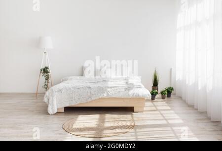 Pflanzen in Töpfen im Inneren des modernen Schlafzimmers. Doppelbett mit Kissen und Decke, Pflanzen, Lampe, Teppich auf dem Boden Stockfoto