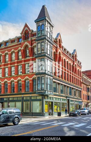 Slade's Building, 38 Washington Street, wurde 1881 im Hochviktorianischen gotischen Stil erbaut. Stockfoto