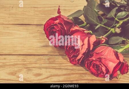 Rosenblüten in roter Farbe, stilisiert auf Vintage auf Holzhintergrund. Blumen Hintergründe. Stockfoto