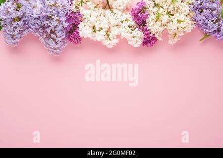 Bouquet von schönen weißen und lila Flieder auf rosa Hintergrund. Draufsicht. Festliche Grußkarte mit Pfingstrose für Hochzeiten, glücklichen Frauentag, Valentinstag Stockfoto
