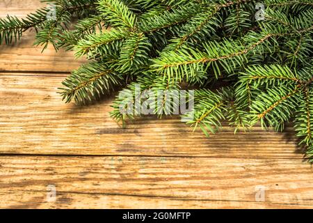 Weihnachtsbaum Zweige der Fichte auf rustikalem Holz Hintergrund als Urlaubshintergrund im Vintage-Stil angeordnet. Stockfoto