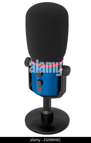 3D-Wiedergabe des blauen Kondensatormikrofons in Studio, isoliert auf Weiß Hintergrund Stockfoto