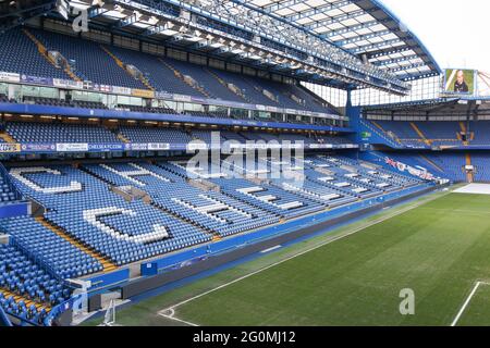 London, Vereinigtes Königreich - 1. Februar 2018: Stamford Bridge Stadium in Chelsea, London. Die Stamford Bridge ist die Heimat des Chelsea Football Club Stockfoto