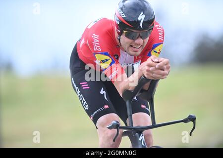 Dänischer Kasper Asgreen von Deceuninck - Quick-Step im Einsatz während der vierten Etappe der 73. Ausgabe des Criterium du Dauphine Cycling r Stockfoto