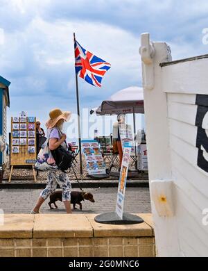 Brighton UK 2. Juni 2021 - EINE Dame in einem großen Sonnenhut geht mit ihrem Hund entlang der Küste von Brighton, während die Massen einen weiteren heißen Tag genießen und das warme Wetter in Teilen Großbritanniens weitergeht : Credit Simon Dack / Alamy Live News Stockfoto