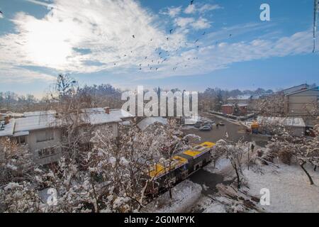 Busfahrt durch verschneite Vororte in Kotez, Belgrad Stockfoto