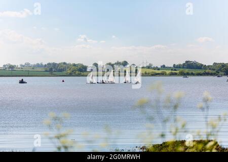 Woodbridge, Suffolk, Großbritannien Mai 29 2021: Ein lokaler Segelclub auf dem Fluss Deben übt an einem warnten sonnigen Sommertag Stockfoto