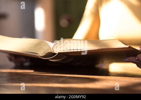 Nahaufnahme einer Frau, die ein Buch liest, hartes Licht Stockfoto