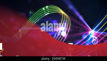 Komposition aus roter Kurve, geschwungener, farbenprächtiger Musik und Noten über violetten Lichtern auf Schwarz Stockfoto