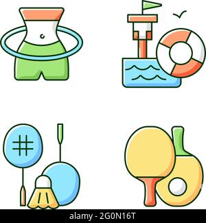 Sommercamp Aktivitäten RGB-Farbsymbole gesetzt Stock Vektor