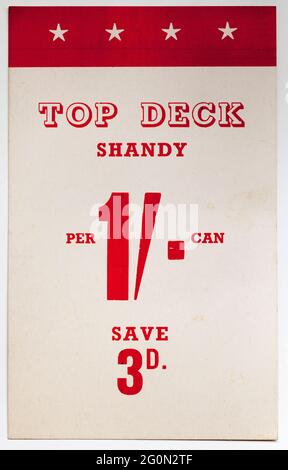 Preisschild für den Shop der 1970er Jahre - Oberdeck Shandy Stockfoto