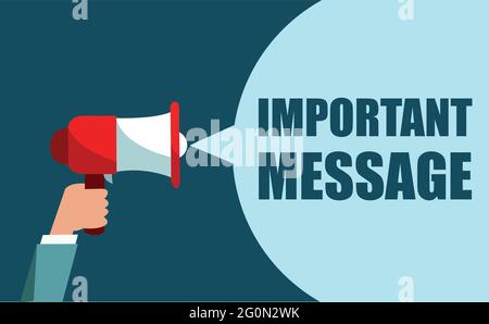 Männliche Hand mit Megaphon und wichtiger Nachrichtenblase. Lautsprecher. Banner für Unternehmen, Marketing. Stock Vektor