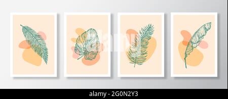 Abstrakter Vektor Botanischer Hintergrund Dekorative Wandkunst-Set. Handgezeichnete Palmenblätter Poster mit geometrischer Form Illustrationen Collection Stock Vektor