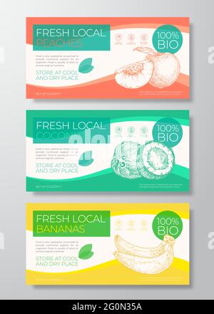 Frische Lokale Früchte Etiketten Vorlagen Gesetzt. Abstrakte Vektor Verpackung Horizontales Design Layouts Sammlung. Moderne Typografie Banner mit Pfirsichen Stock Vektor