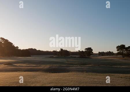 Blick zurück auf den 18. Fairway auf dem Old Course an einem frostigen Morgen und Blick auf beide Golfplätze, Walton Heath Golf Club, Walton-on-the-Hill, Surrey Stockfoto