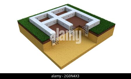 Gegossene verstärkte Zementwandfundament - isolierte digitale industrielle 3D-Rendering Stockfoto