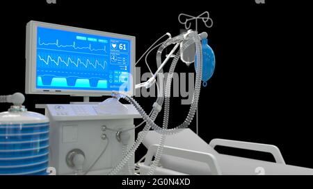 Medizinische 3d-Illustration, IS-Lungenventilator mit 3D-Darstellung des Betts, isoliert auf Schwarz Stockfoto