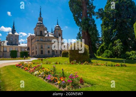 Stiftskirche. La Granja de San Ildefonso, Provinz Segovia, Castilla Leon, Spanien. Stockfoto