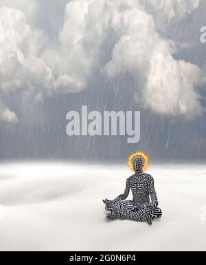 Mann mit Labyrinthmuster und brennendem Halo meditiert in weißer Landschaft. 3D-Rendering Stockfoto