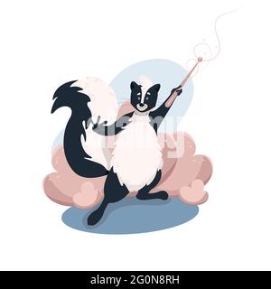 Nette lustige Skunk mit einem Zauberstab, wilde Tiere, Vektor-Charakter im Cartoon-Stil, Clip Art auf weißem Hintergrund Stock Vektor