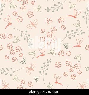 Nahtloses Muster mit Pflanzen und Libellen auf rosa Hintergrund. Abstraktes Design. Vektorgrafik. Doodle geeignet für Textilien, Druck und wr Stock Vektor