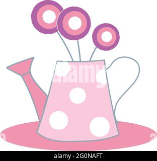 Eine rosa Vase in Form einer Retro-Gießkannenform mit gezeichneten runden Blumen auf weißem Hintergrund Stock Vektor