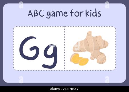 Kind Alphabet Mini-Spiele im Cartoon-Stil mit dem Buchstaben G - Ingwer. Vektor-Illustration für Spiel-Design - Schneiden und spielen. Lerne abc mit Flash-Karten für Obst und Gemüse. Stock Vektor