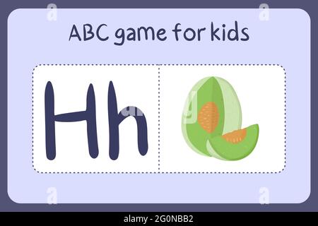 Kind Alphabet Mini-Spiele im Cartoon-Stil mit dem Buchstaben H - Haselnuss. Vektor-Illustration für Spiel-Design - Schneiden und spielen. Lerne abc mit Flash-Karten für Obst und Gemüse. Stock Vektor