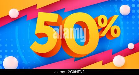 50 % Rabatt. Rabatt auf kreative Komposition. 3d Mega Verkauf Symbol mit dekorativen Objekten. Werbebanner und Poster. Vektorgrafik. Stock Vektor
