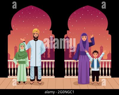 muslimische Familie auf dem Balkon Stock Vektor