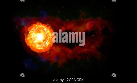 Ein buntes Sonnensystem mit einem Planeten, der die Sonne umkreist. Deep Space Illustration. 3d-Rendering Stockfoto