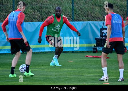 Der Belgier Hans Vanaken, der Belgier Romelu Lukaku und der Belgier Thomas Meunier im Bild während einer Trainingseinheit der belgischen Fußballnationalmannschaft Re Stockfoto