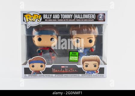 CHESTER, GROSSBRITANNIEN - 8. MAI 2021: Wandvision Billy und Tommy Funko Pop Figur Stockfoto